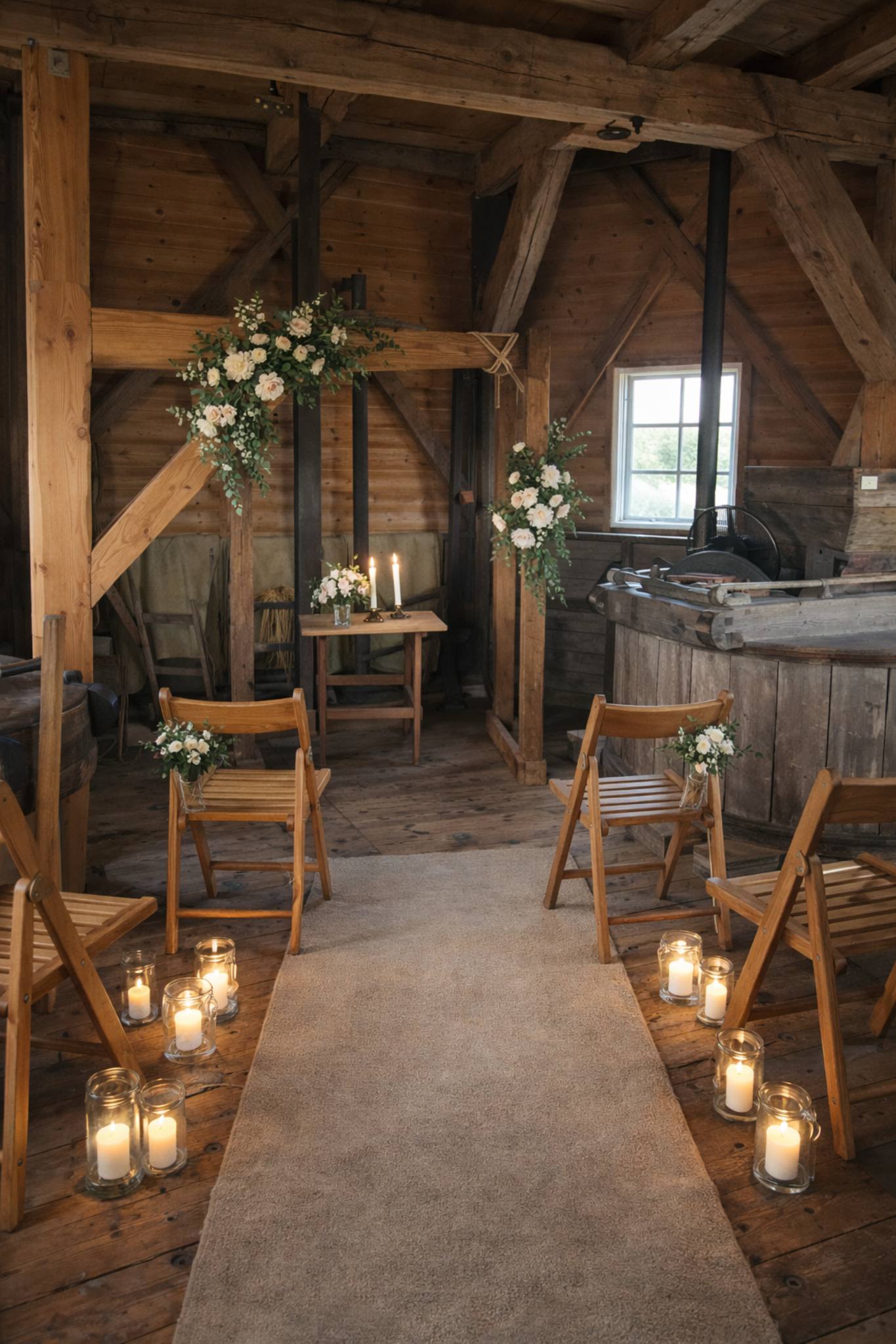 Historic Danish windmill interior wedding ceremony with wooden beams, candlelight and Nordic styling – intimate windmill elopement in Denmark.