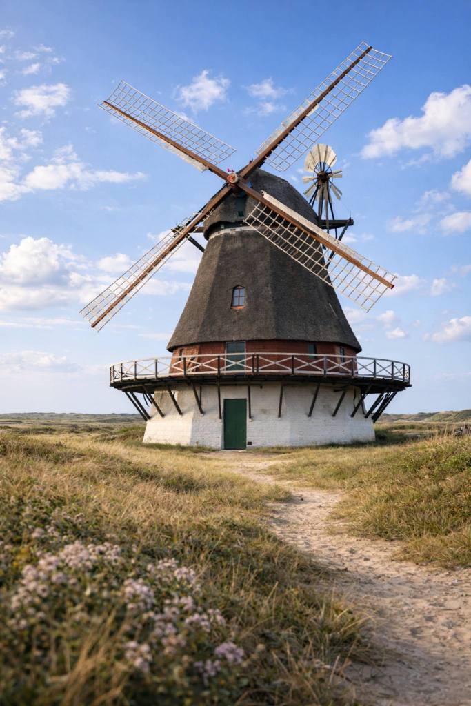 Historic Danish windmill set in coastal dunes on a sunny summer day, romantic venue for windmill elopement in Denmark.